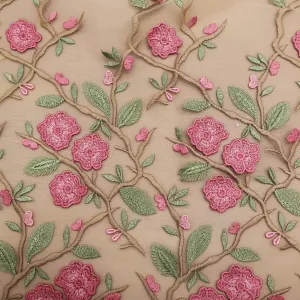 Pink Floral on Nude Embroidered Tulle Fabric