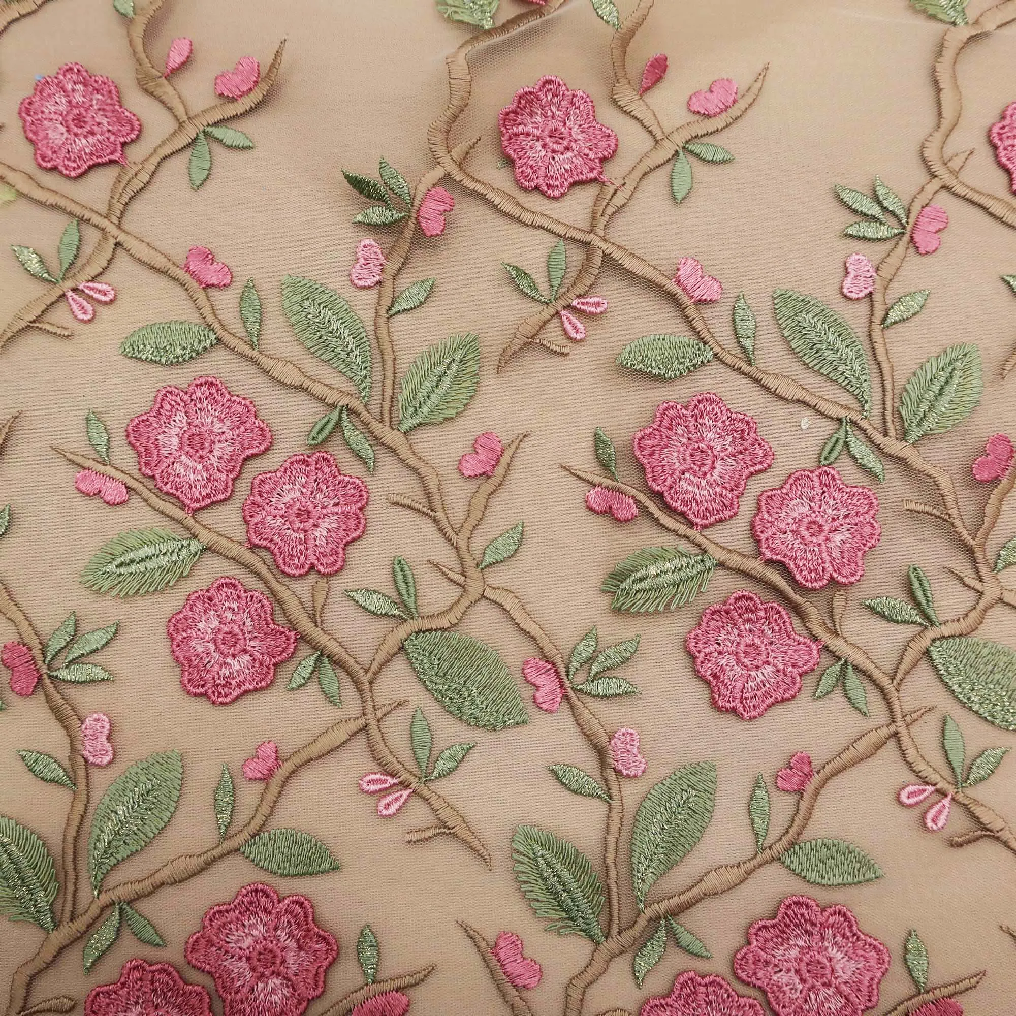 Pink Floral on Nude Embroidered Tulle Fabric