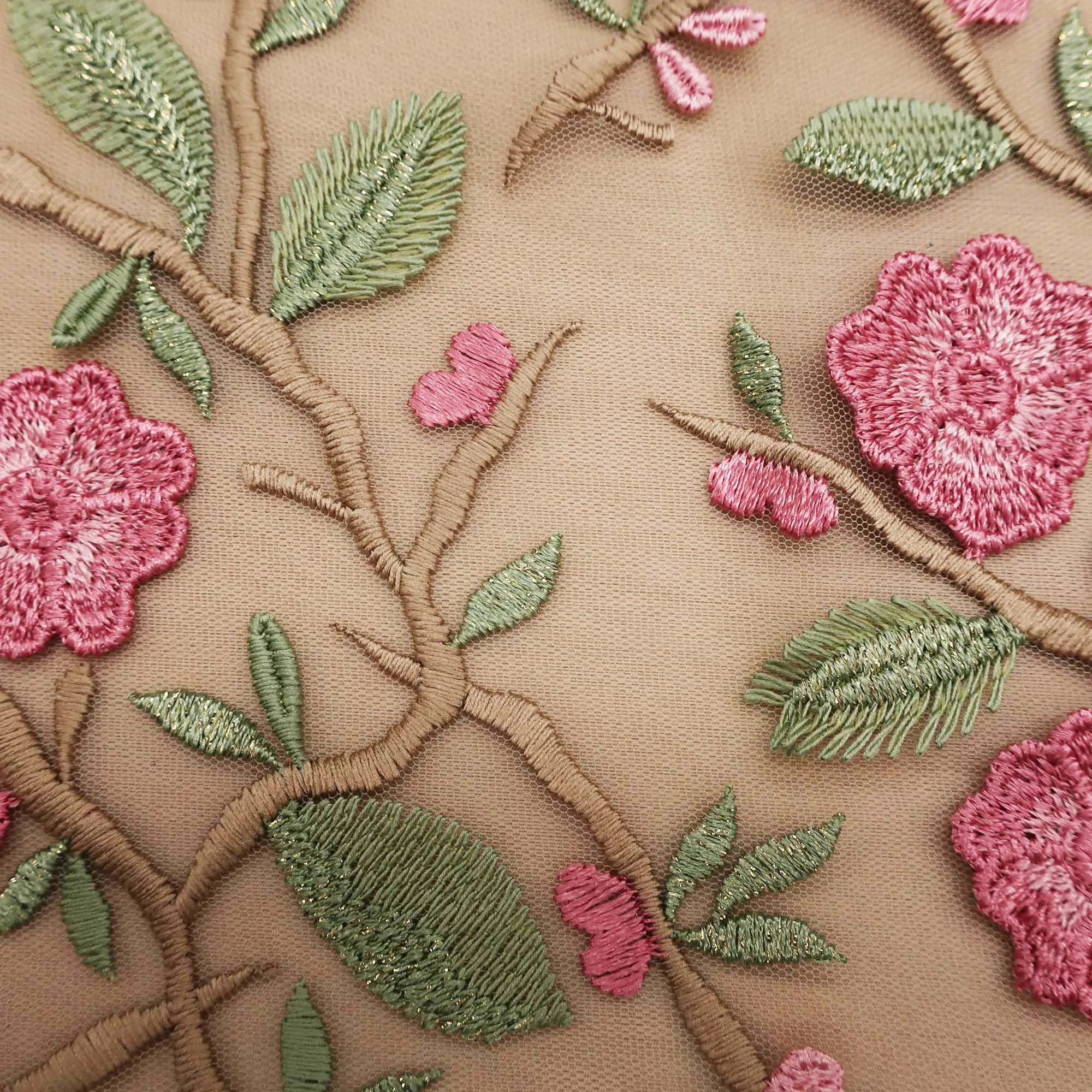 Pink Floral on Nude Embroidered Tulle Fabric