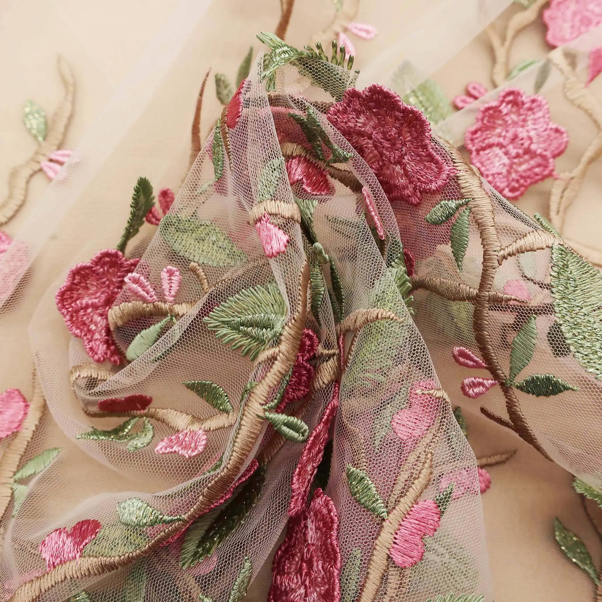 Pink Floral on Nude Embroidered Tulle Fabric