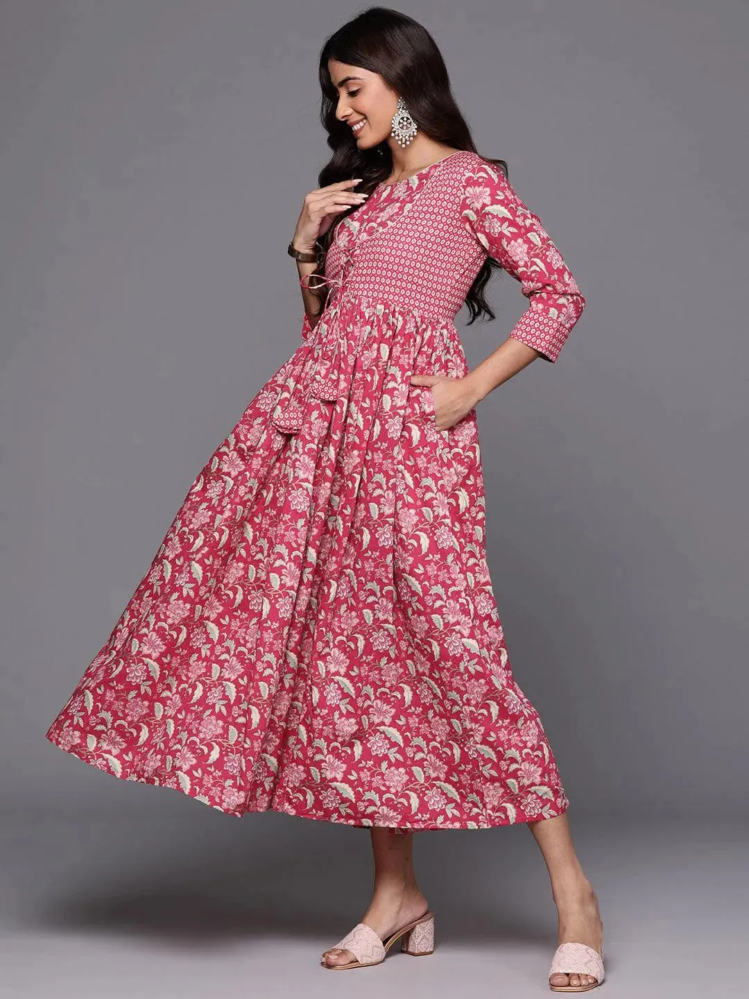 Pink Printed Cotton Fit and Flared Dress