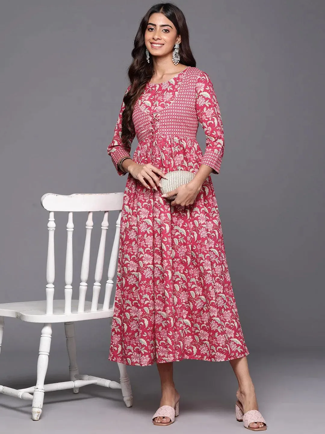 Pink Printed Cotton Fit and Flared Dress