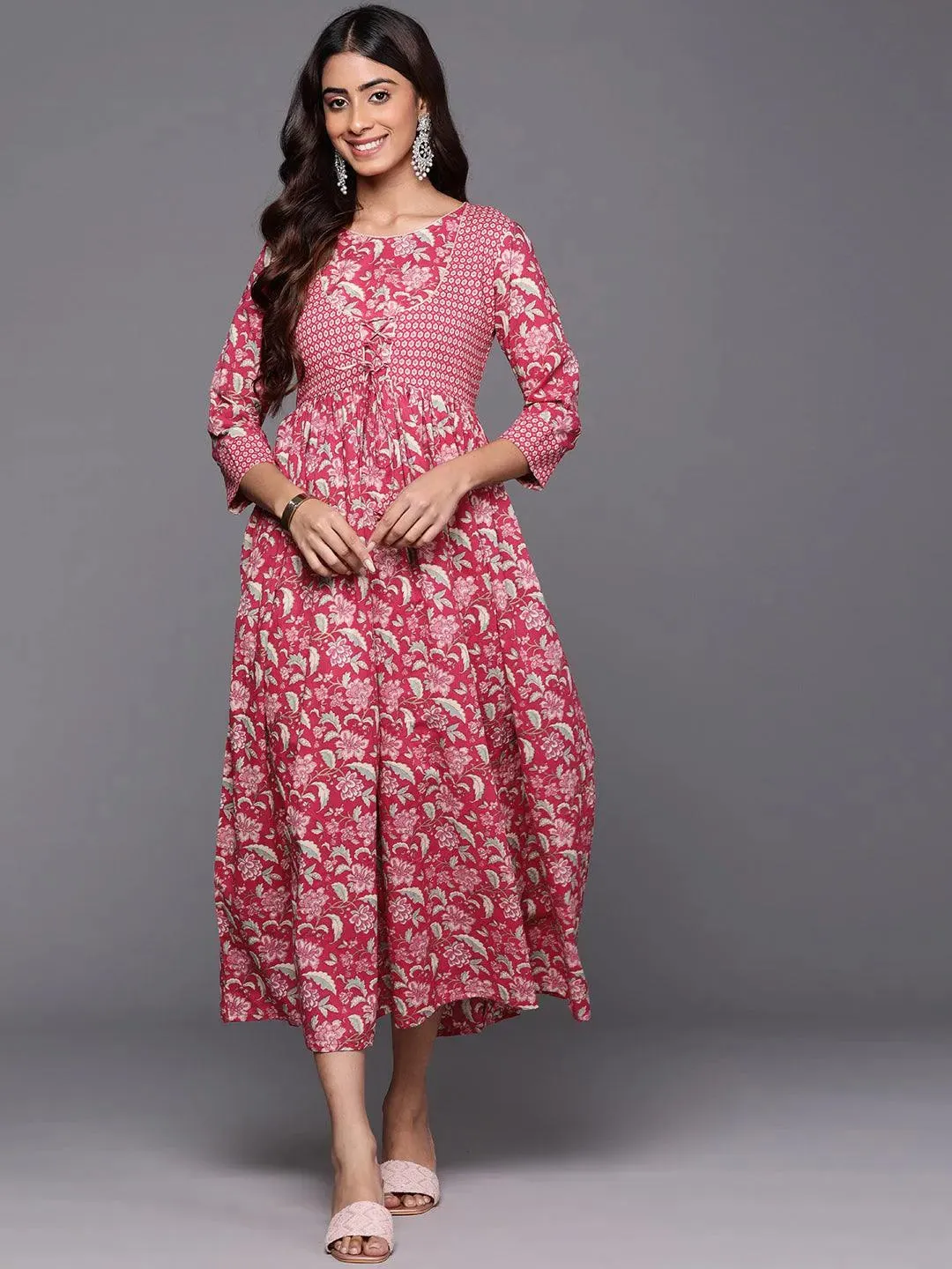 Pink Printed Cotton Fit and Flared Dress