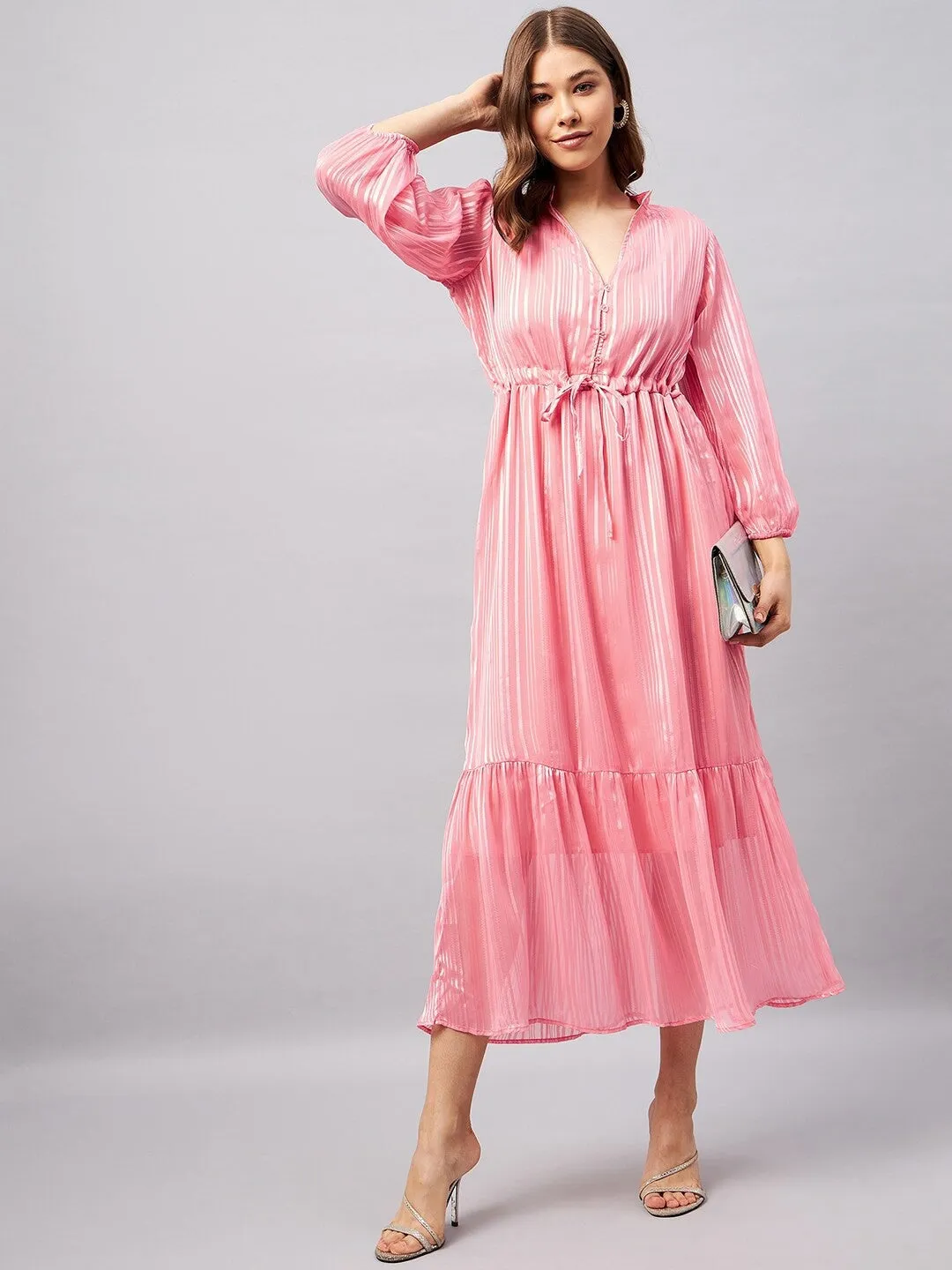 Pink Striped A-line Midi Dress