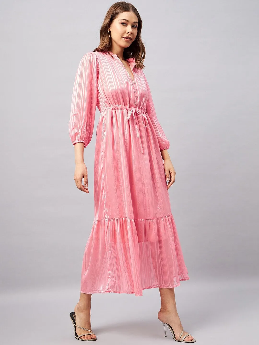 Pink Striped A-line Midi Dress