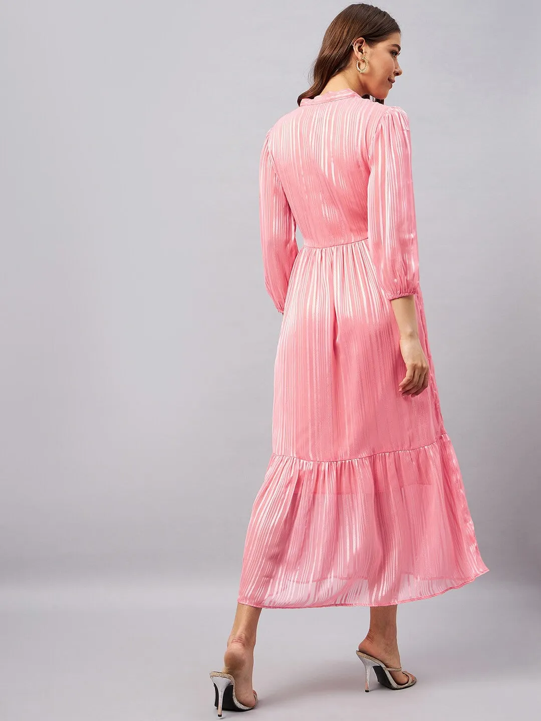 Pink Striped A-line Midi Dress