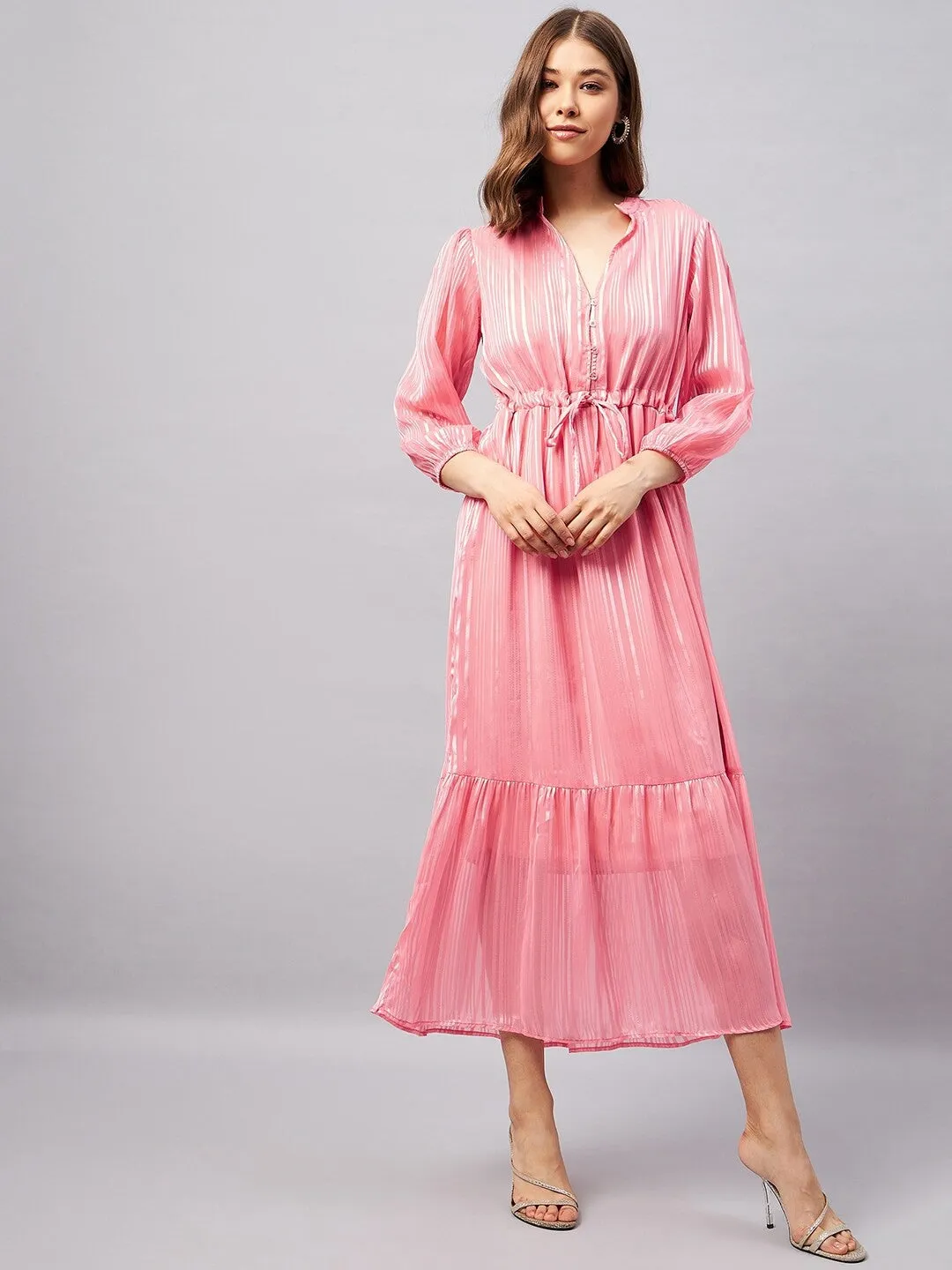Pink Striped A-line Midi Dress