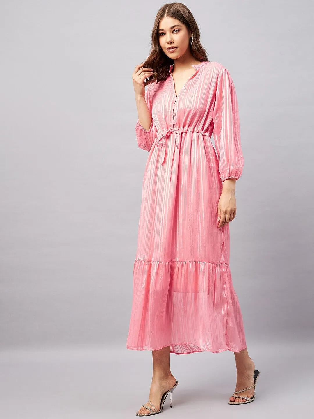 Pink Striped A-line Midi Dress