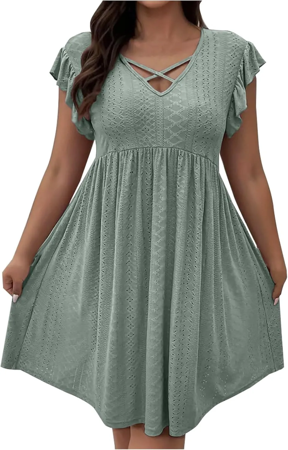 Plus Size Dresses for Curvy Women Criss Cross V Neck Ruffle Sleeve Mini Dress High Waist Hollow Out Lounge Dress