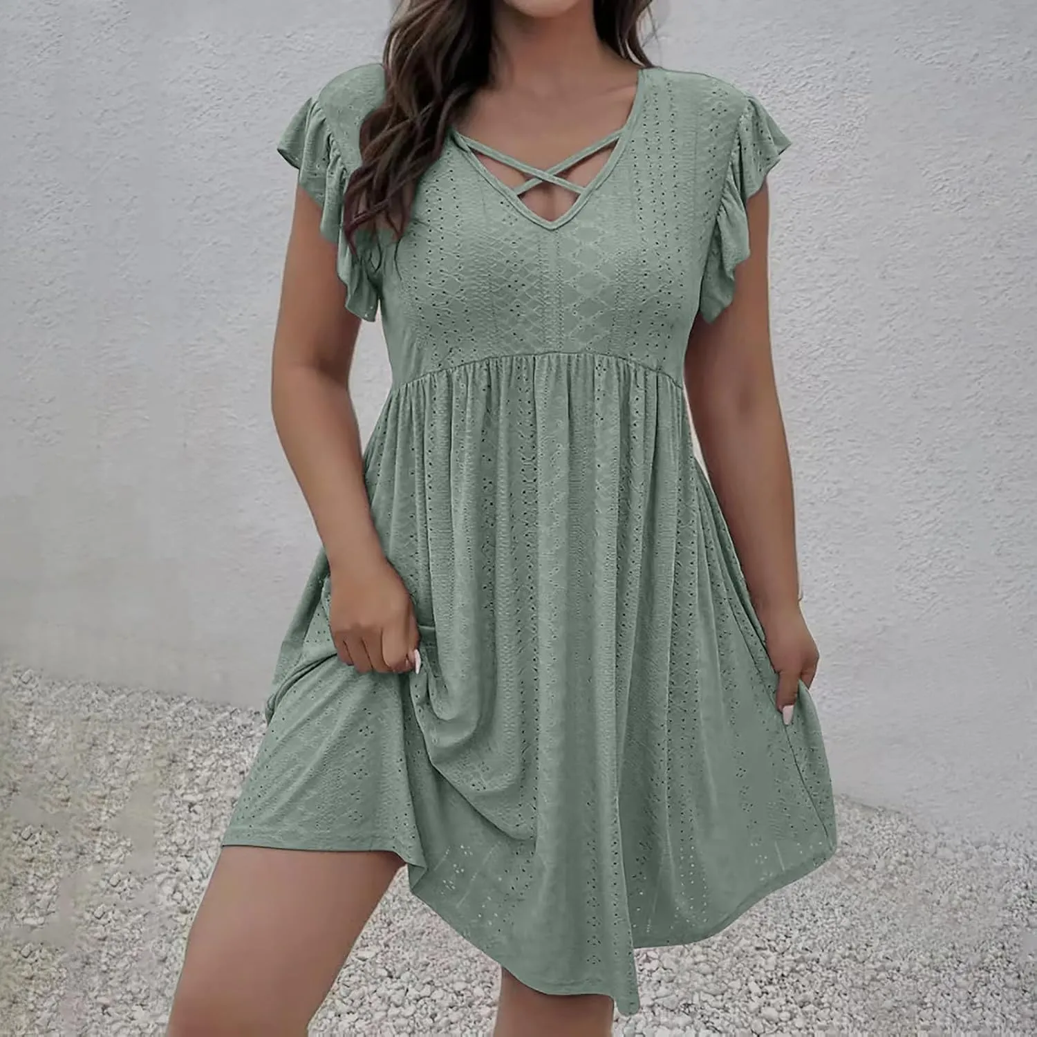 Plus Size Dresses for Curvy Women Criss Cross V Neck Ruffle Sleeve Mini Dress High Waist Hollow Out Lounge Dress
