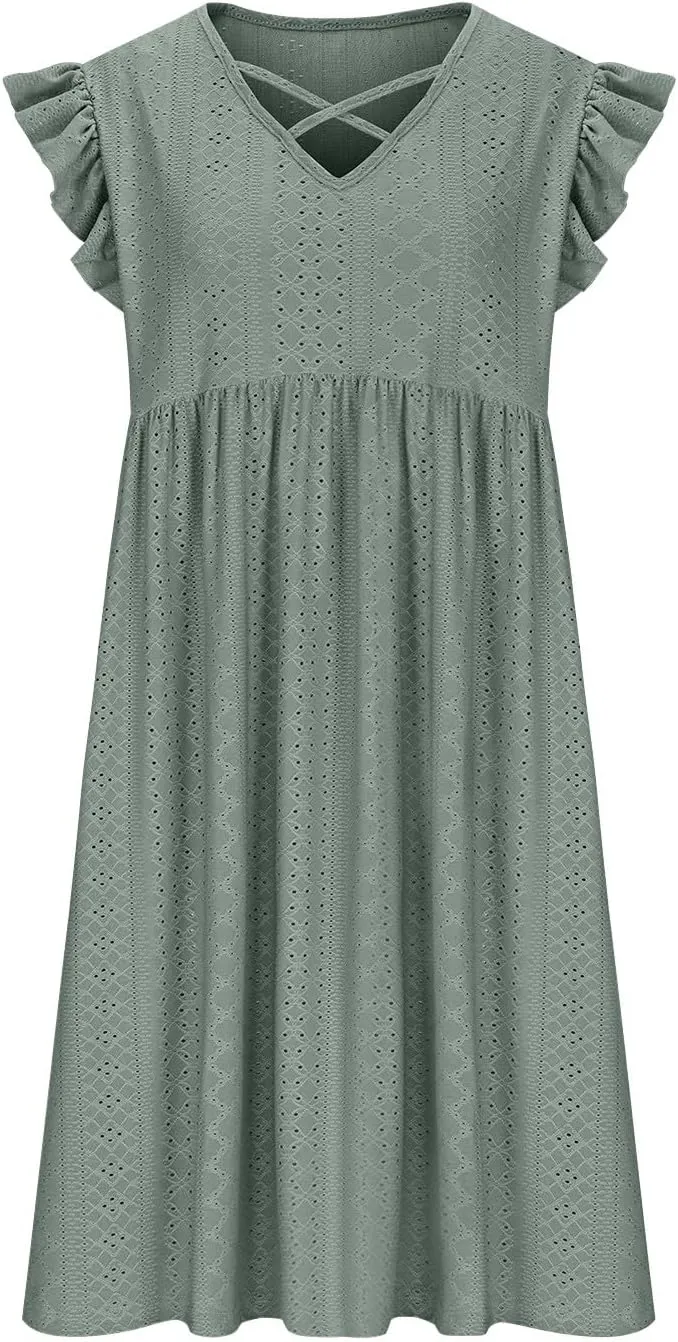 Plus Size Dresses for Curvy Women Criss Cross V Neck Ruffle Sleeve Mini Dress High Waist Hollow Out Lounge Dress