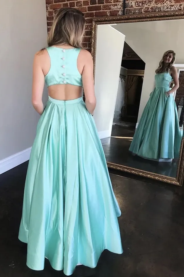 Promfast A-Line Long Mint Satin Beaded Prom Dresses With Pockets Evening Dress PFP1861
