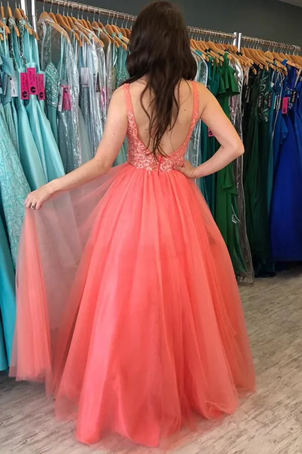 Promfast A Line V Neck Backless Coral Lace Long Prom Dresses, Formal Dresses PFP1990