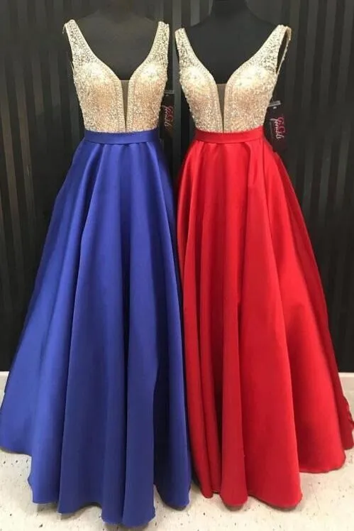 Promfast Sparkly Satin Pink Beaded Long Prom Dress with Open Back PFP1809