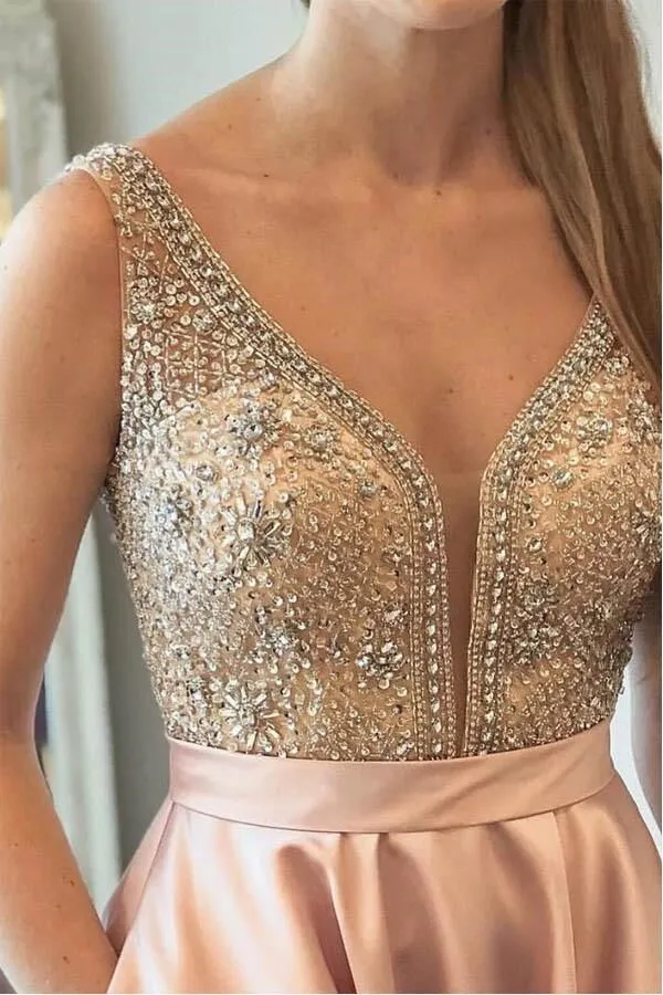 Promfast Sparkly Satin Pink Beaded Long Prom Dress with Open Back PFP1809