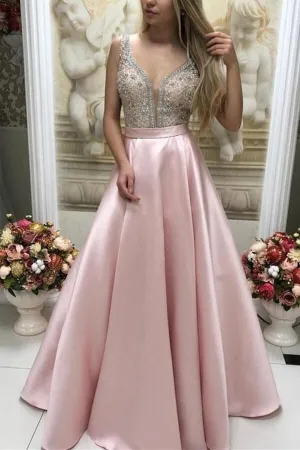 Promfast Sparkly Satin Pink Beaded Long Prom Dress with Open Back PFP1809