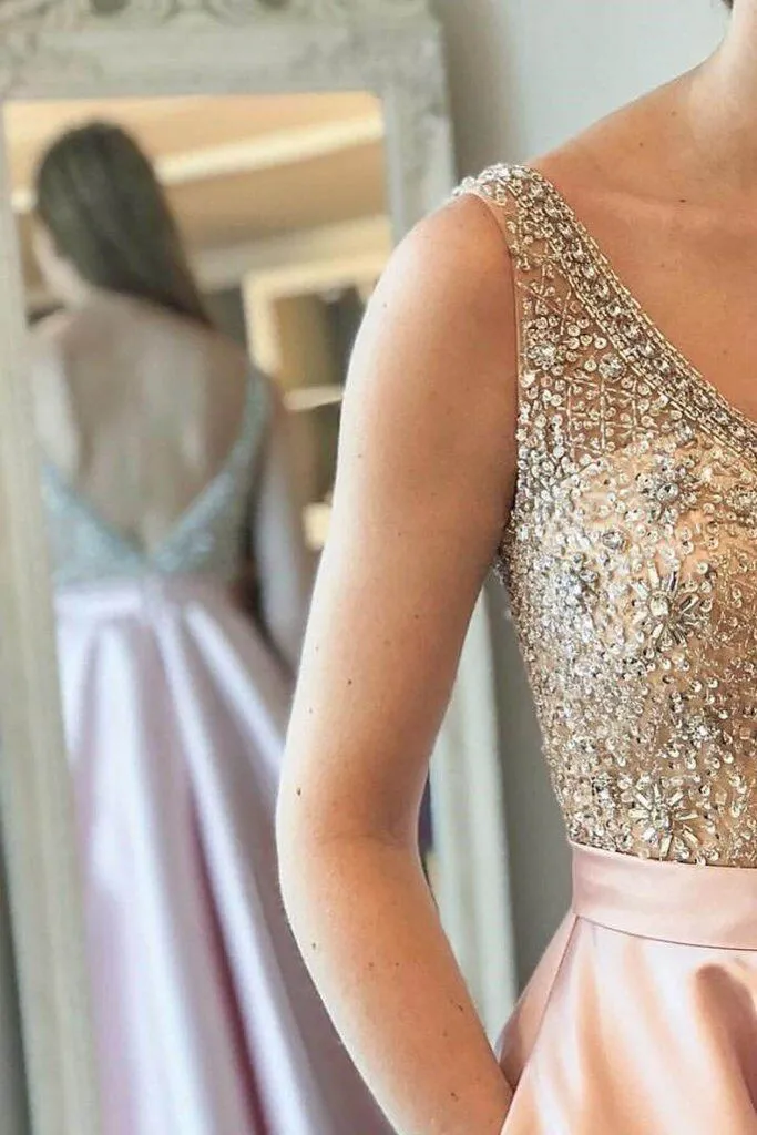 Promfast Sparkly Satin Pink Beaded Long Prom Dress with Open Back PFP1809