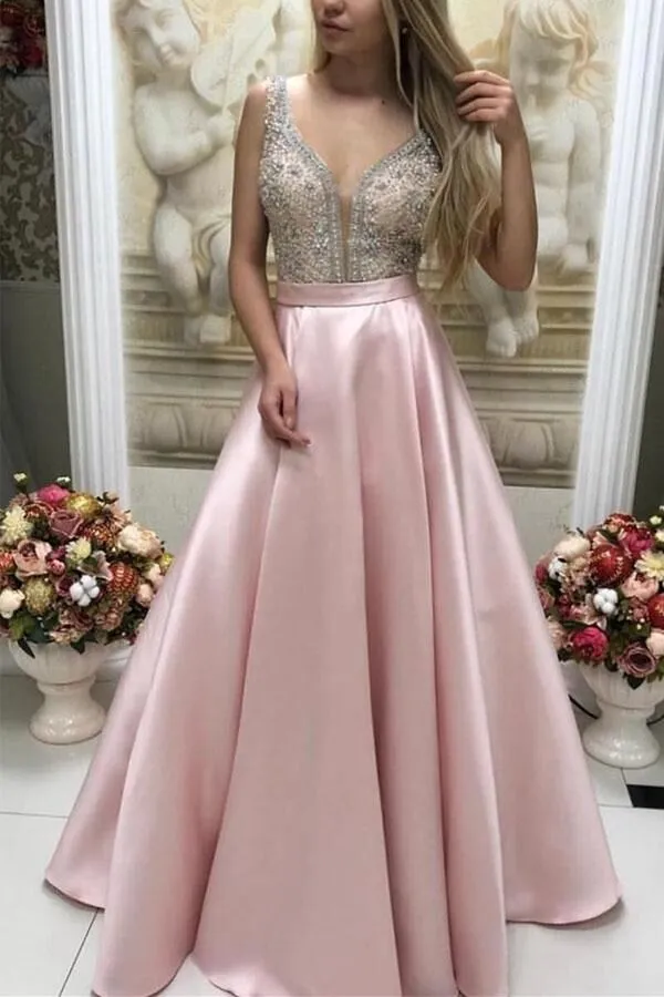 Promfast Sparkly Satin Pink Beaded Long Prom Dress with Open Back PFP1809