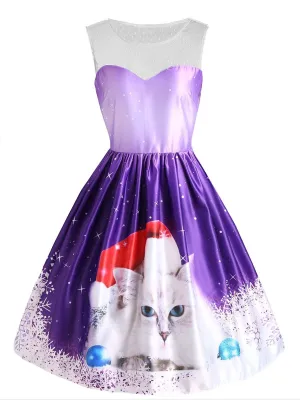 Purple 1950s Christmas Cat Snow Dress