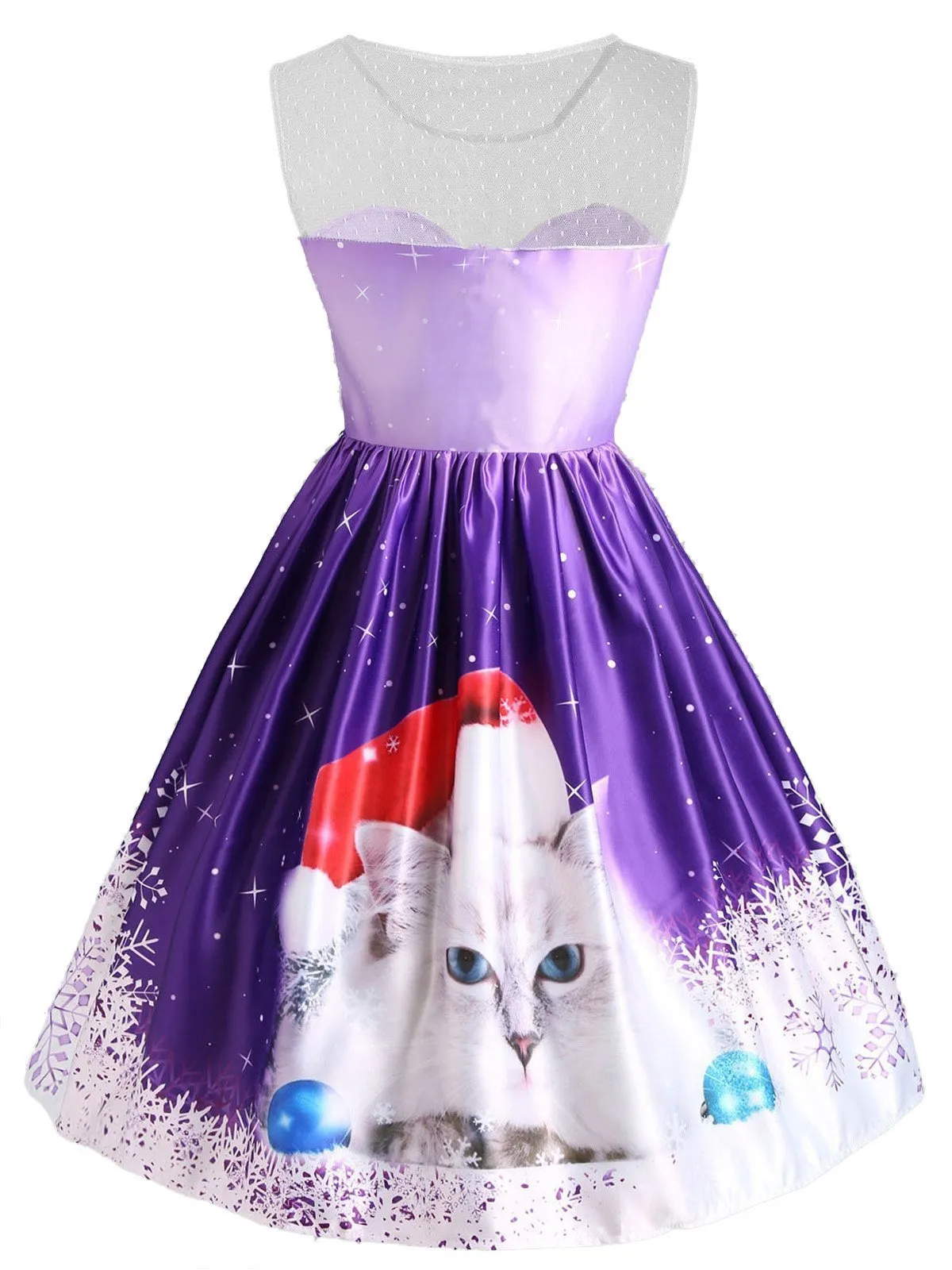 Purple 1950s Christmas Cat Snow Dress