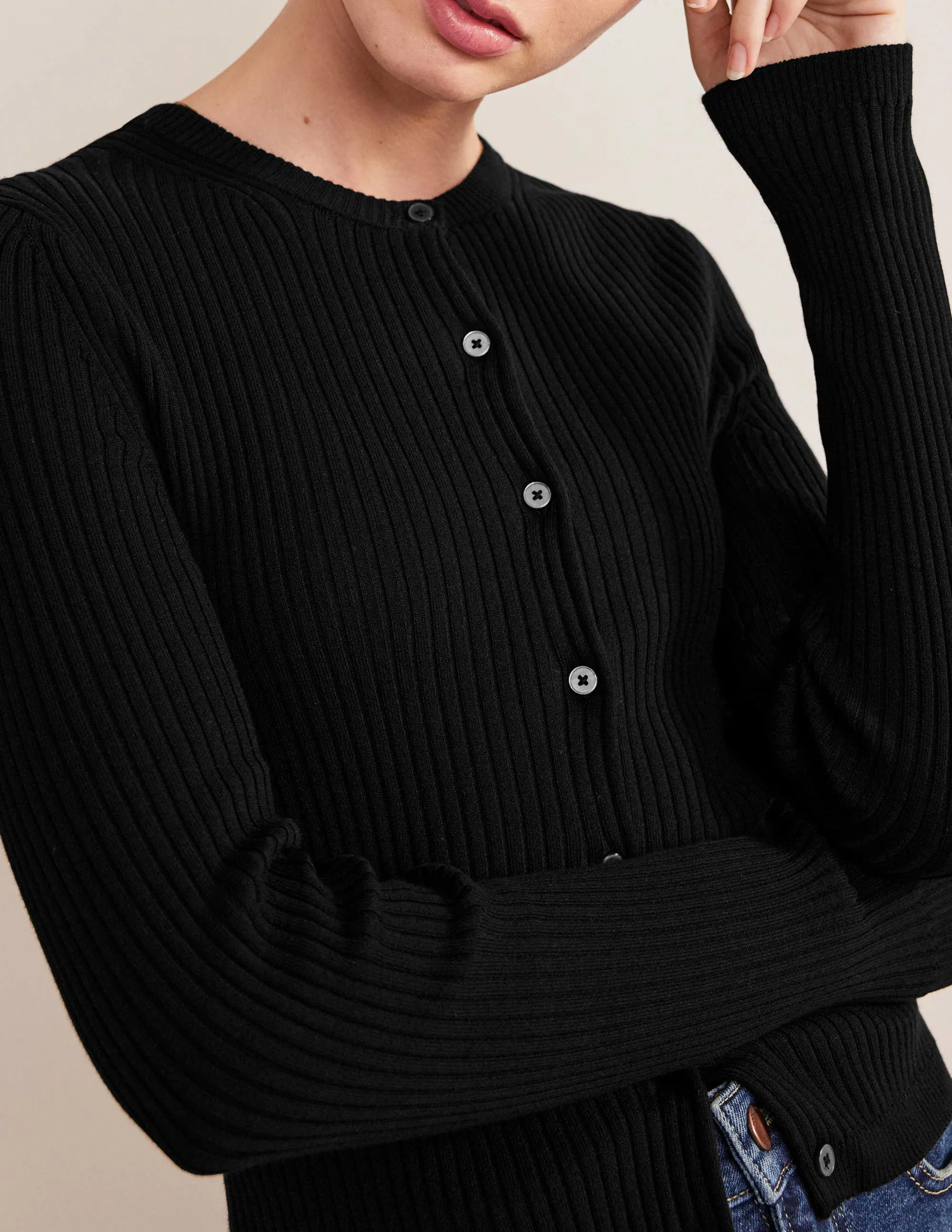 Ribbed Detail Cardigan-Black