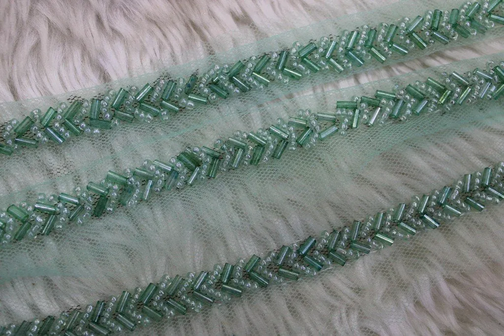 Sea Green Embellished Hand Beads Work Embroidered Lace