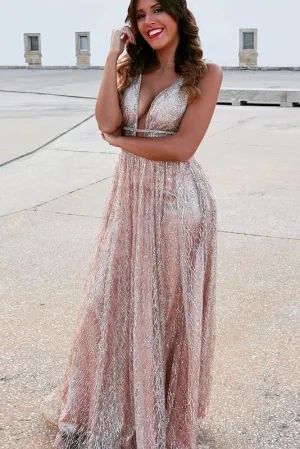 Sexy A Line Deep V Neck Long Prom Dress With Sequins PFP1581