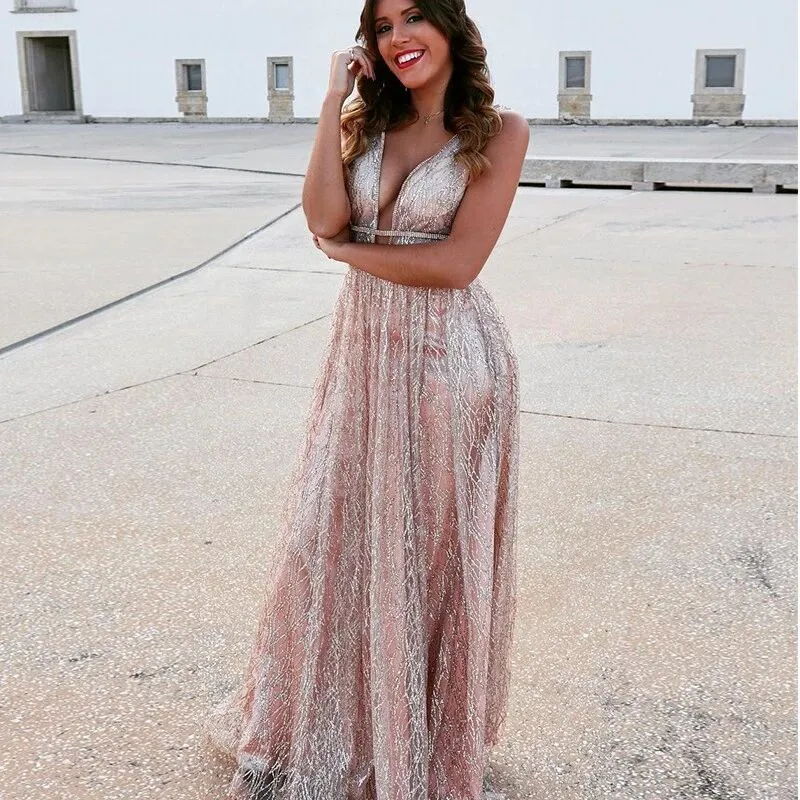 Sexy A Line Deep V Neck Long Prom Dress With Sequins PFP1581