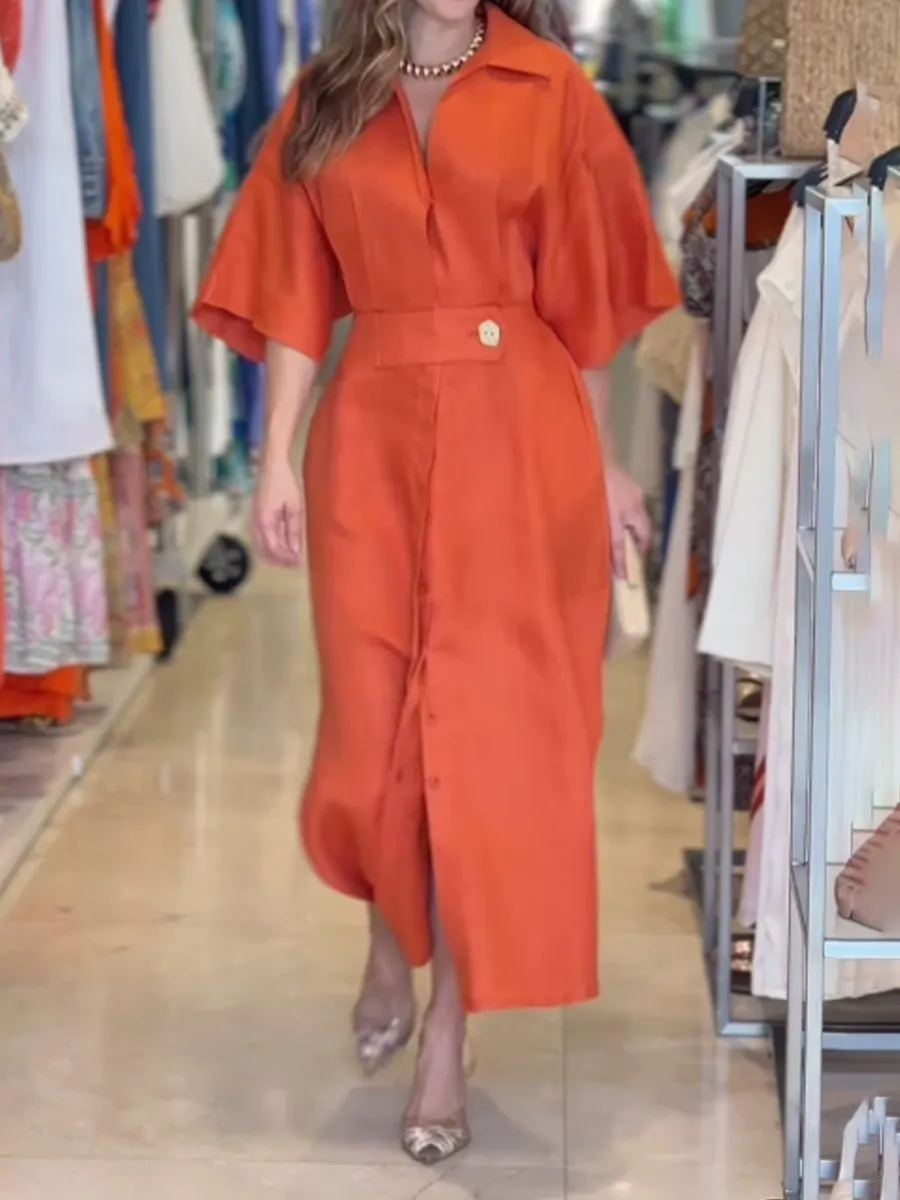 Slit Hem Solid Short Sleeve Midi Shirtdress