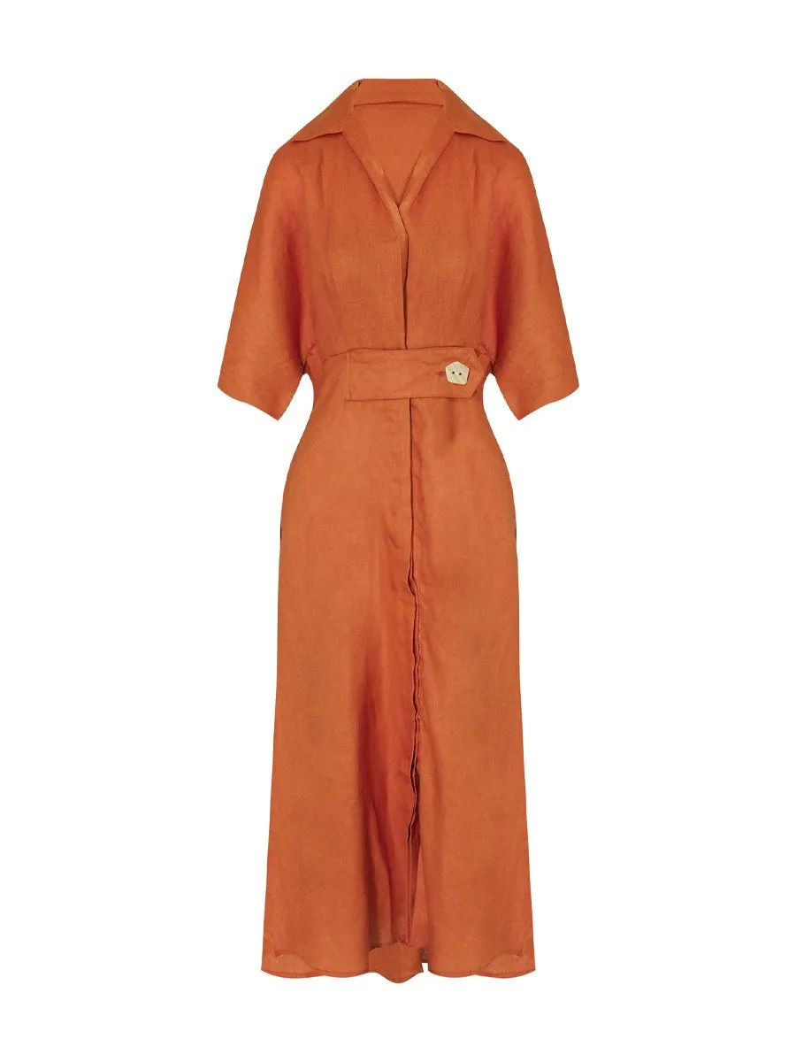 Slit Hem Solid Short Sleeve Midi Shirtdress