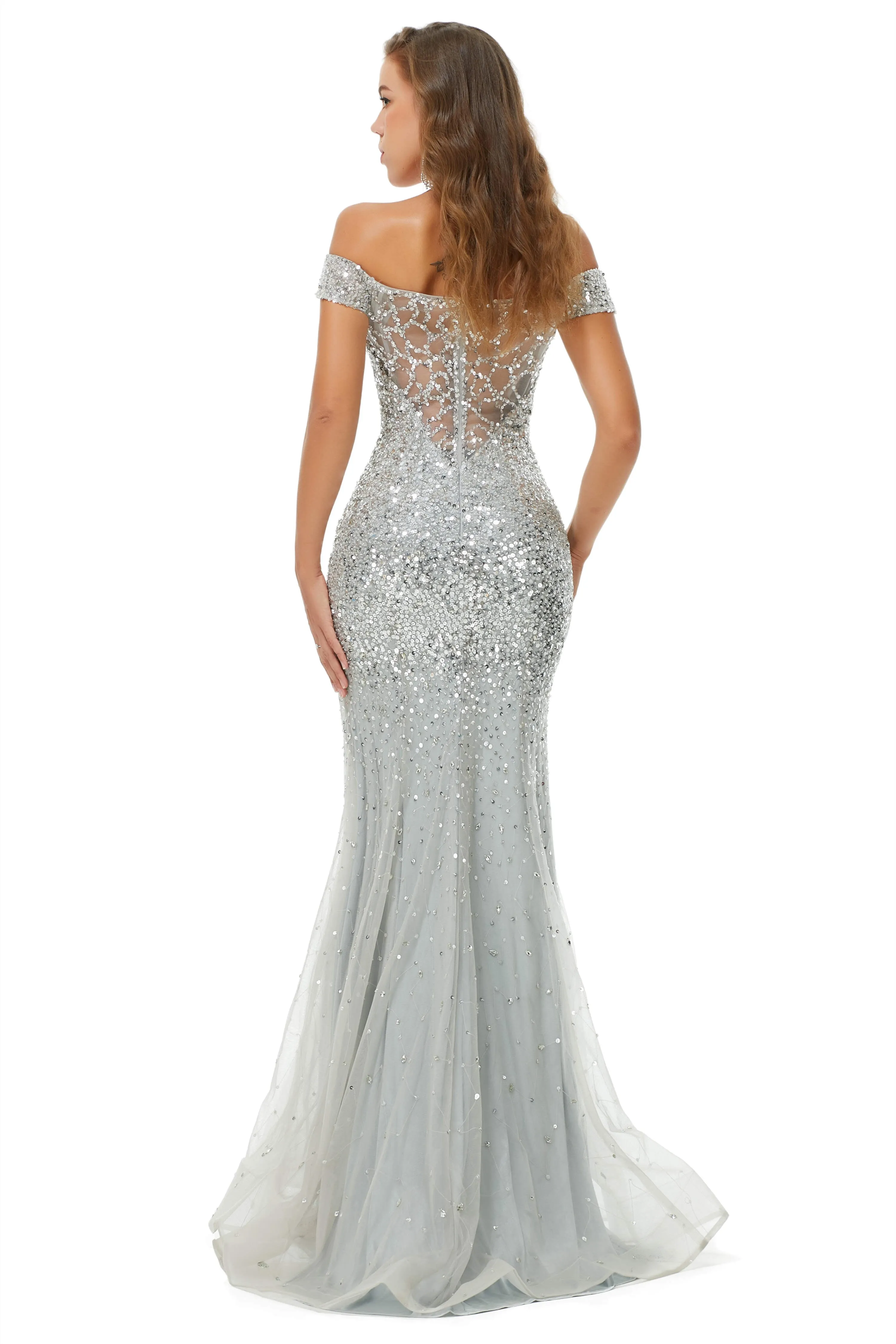 Sparkle Silver Mermaid Beaded Cap Sleeves Off-The-Shoulder Prom Dresses