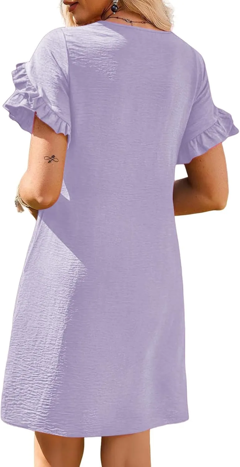 Summer Dresses for Women 2025 Ruffle Sleeve A Line Mini Dress Casual Crew Neck Shift Dress Loose Flowy Beach Sundress