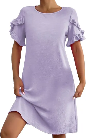 Summer Dresses for Women 2025 Ruffle Sleeve A Line Mini Dress Casual Crew Neck Shift Dress Loose Flowy Beach Sundress
