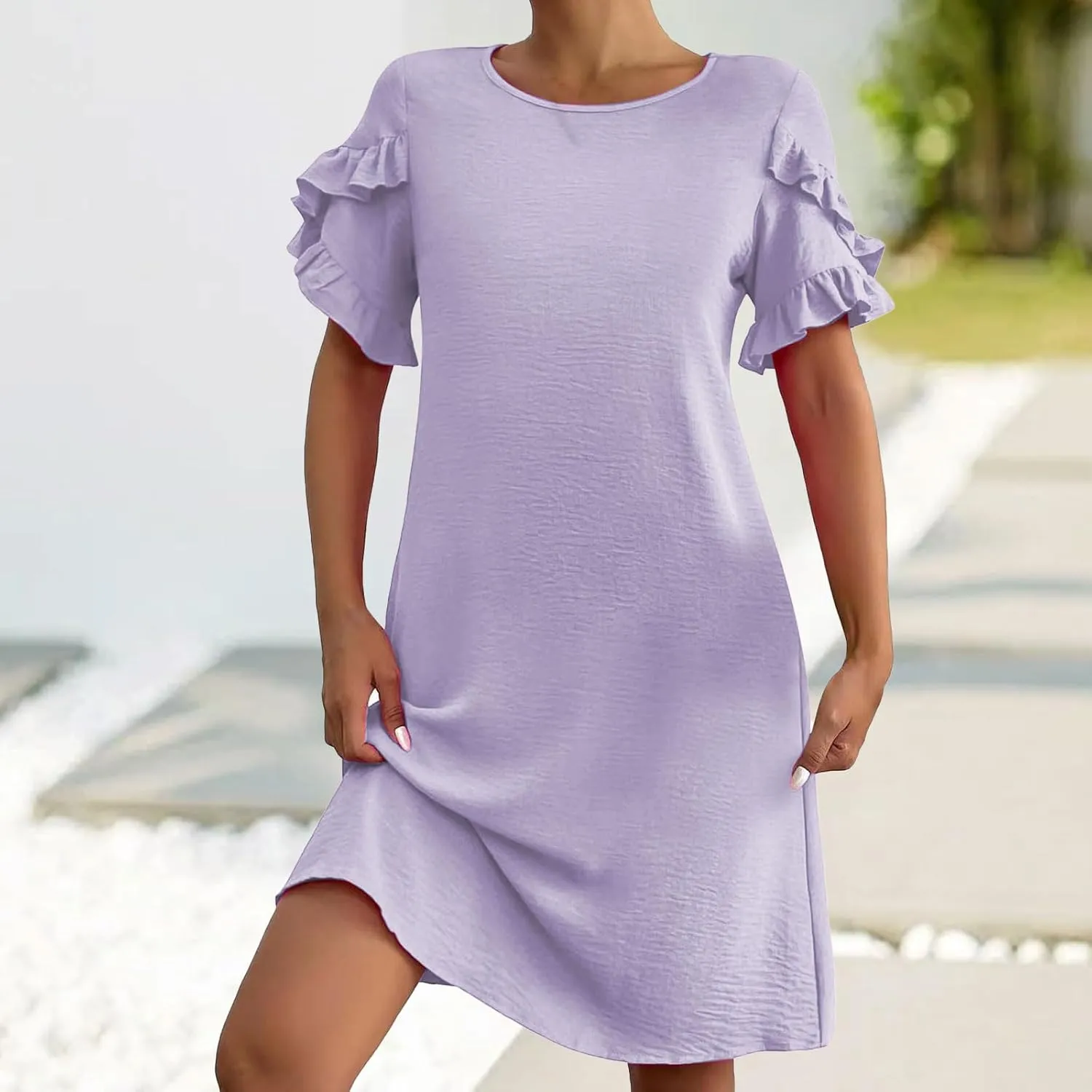 Summer Dresses for Women 2025 Ruffle Sleeve A Line Mini Dress Casual Crew Neck Shift Dress Loose Flowy Beach Sundress