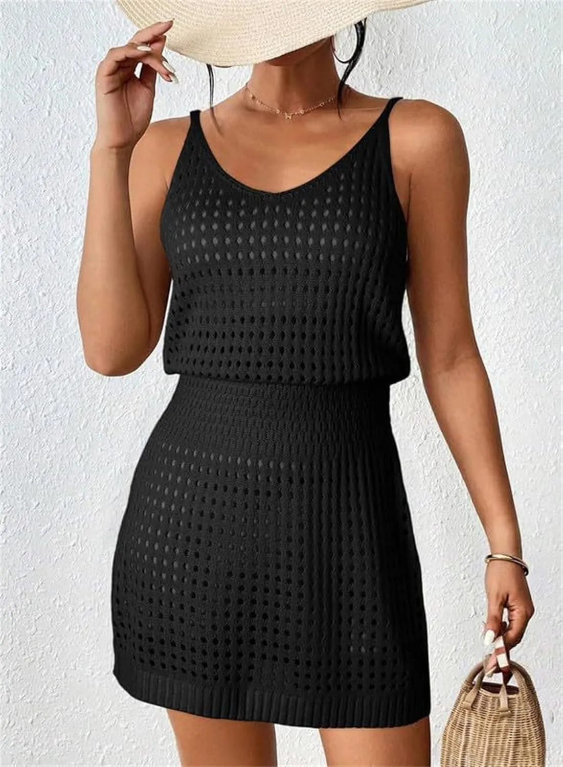 Summer Dresses for Women Crochet Hollow Out Knit Dress Cover Up Cruise Bathing Swimsuits Sleeveless Pullover Dress