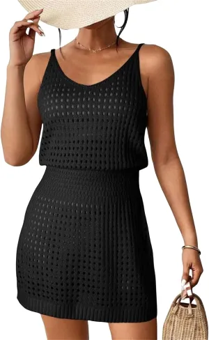 Summer Dresses for Women Crochet Hollow Out Knit Dress Cover Up Cruise Bathing Swimsuits Sleeveless Pullover Dress