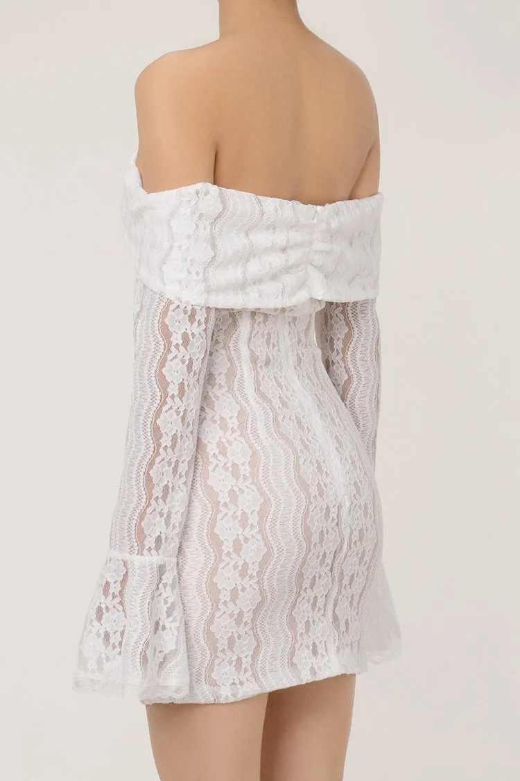 Sweet Foldover Off Shoulder Bow Tie Flared Sleeve Bodycon Lace Party Mini Dress