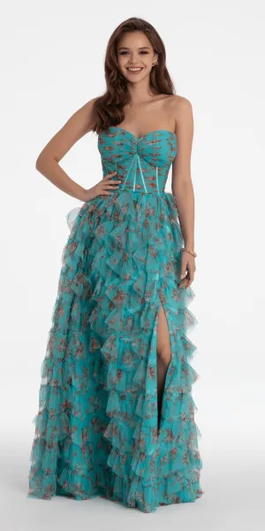 Sweetheart Ruched Print Mesh Tiered A Line Dress