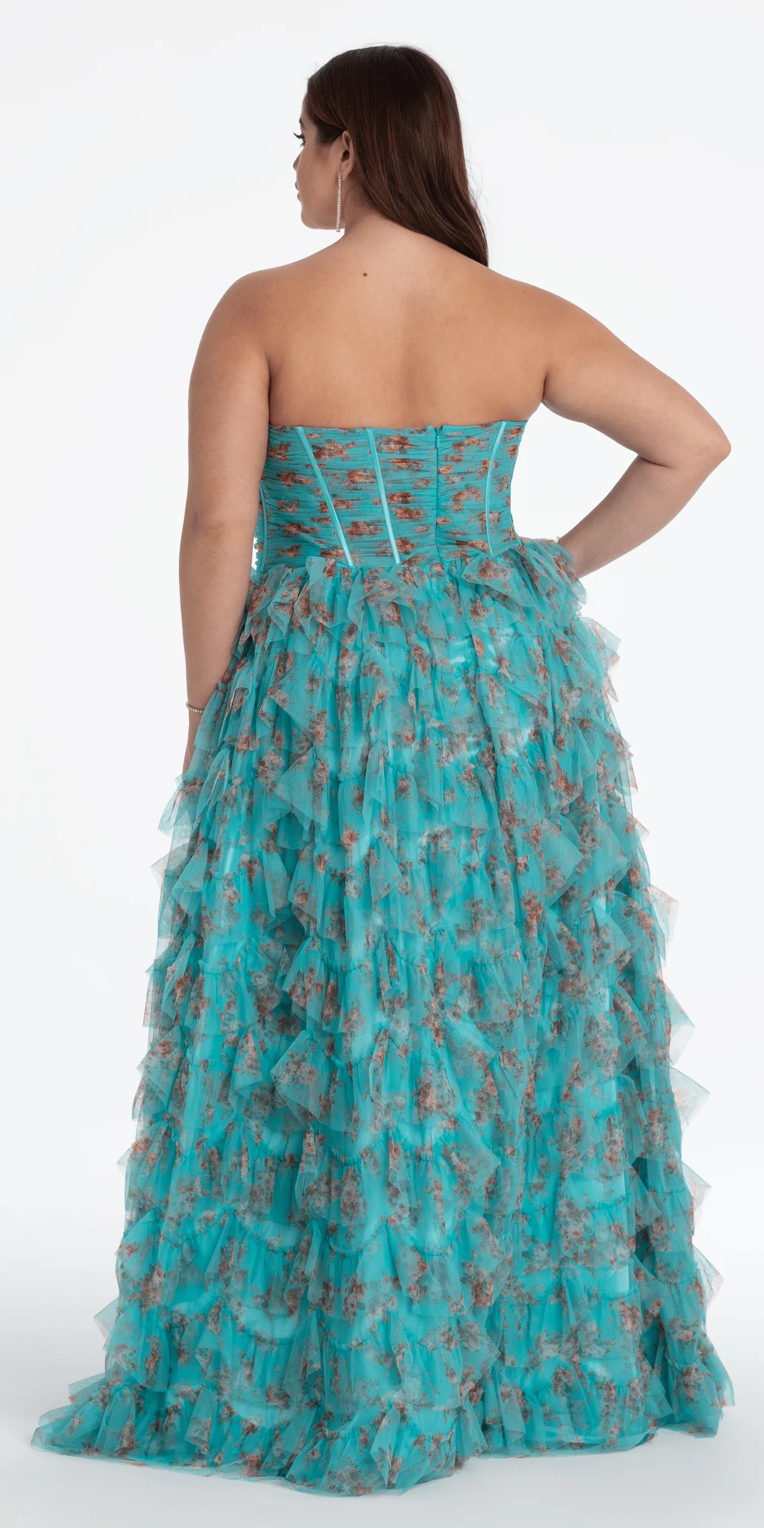 Sweetheart Ruched Print Mesh Tiered A Line Dress