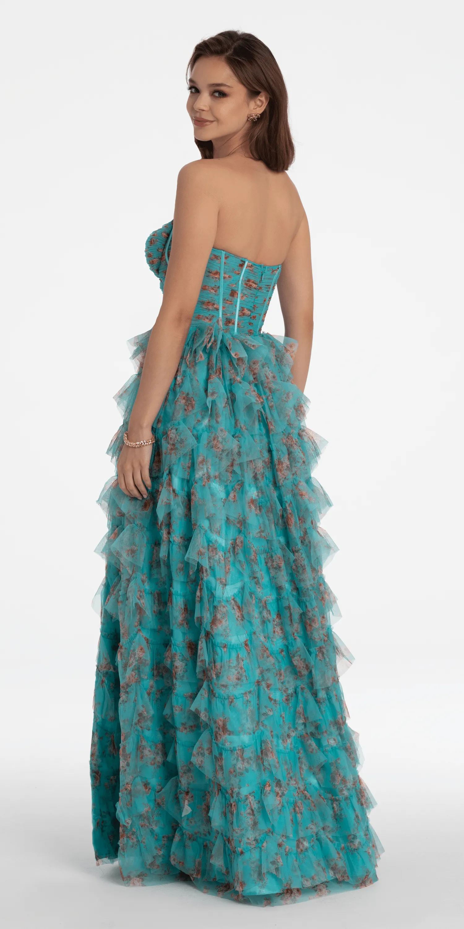 Sweetheart Ruched Print Mesh Tiered A Line Dress