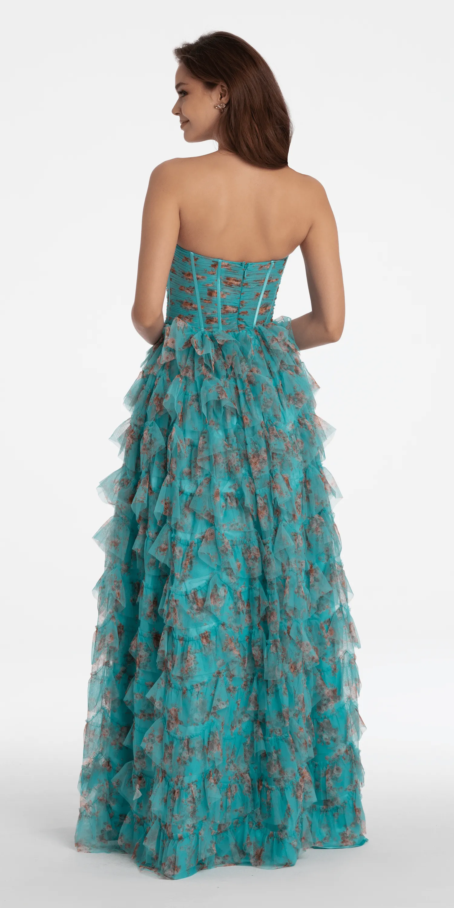 Sweetheart Ruched Print Mesh Tiered A Line Dress