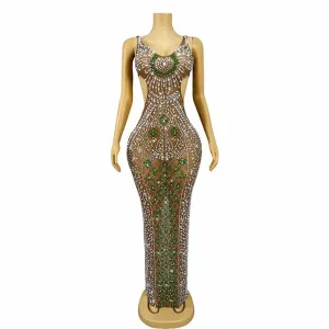 Trend4us Women's Luxury Beaded Crystal Cutout Mesh Gown