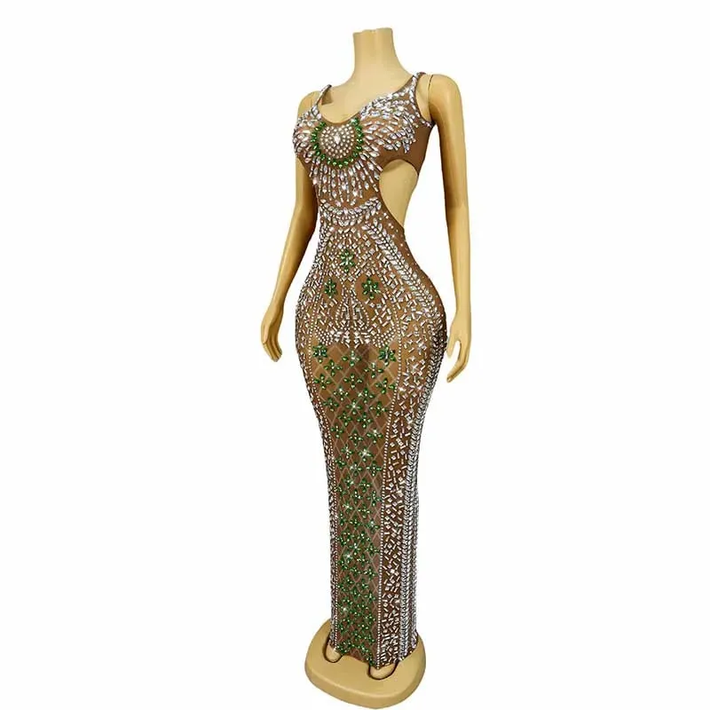 Trend4us Women's Luxury Beaded Crystal Cutout Mesh Gown