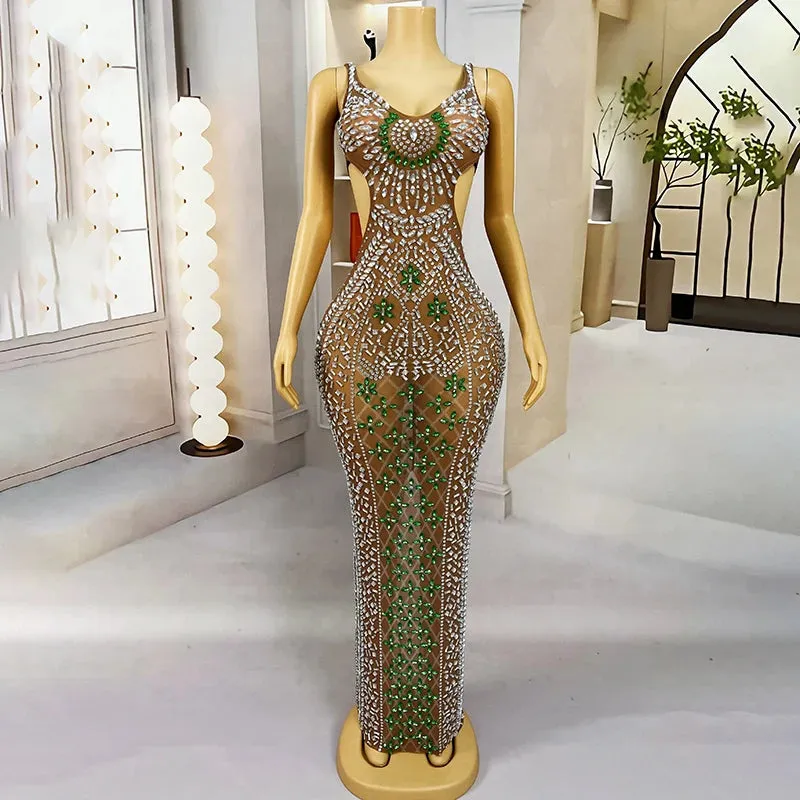 Trend4us Women's Luxury Beaded Crystal Cutout Mesh Gown