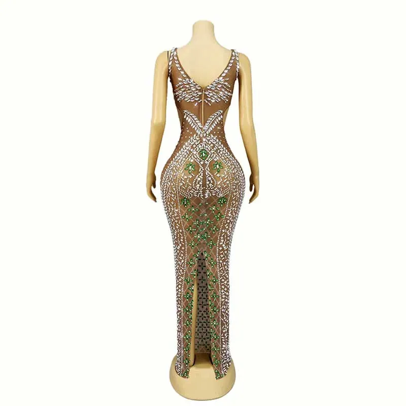 Trend4us Women's Luxury Beaded Crystal Cutout Mesh Gown