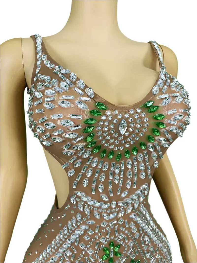 Trend4us Women's Luxury Beaded Crystal Cutout Mesh Gown