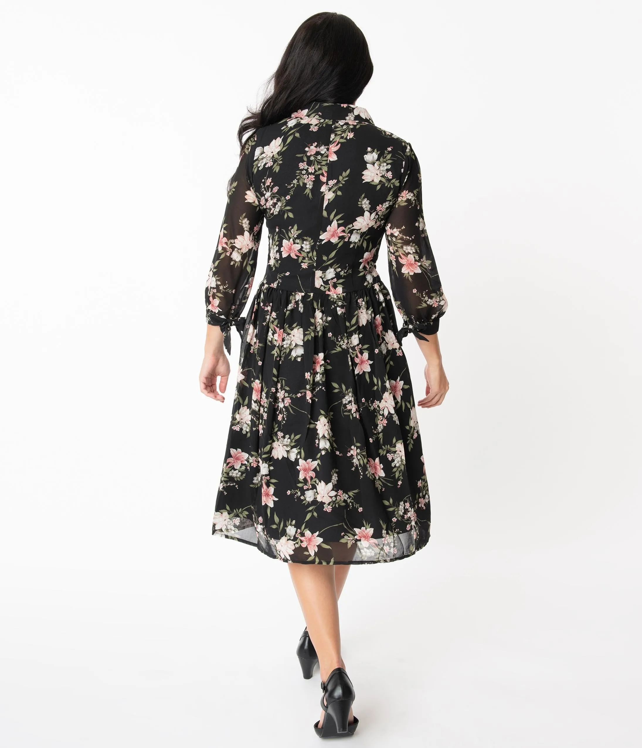 Unique Vintage Black & Light Pink Floral Print Meredith Swing Dress