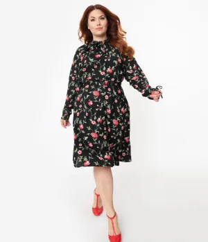 Unique Vintage Plus Size 1950s Black & Red Floral Print Vandella Swing Dress