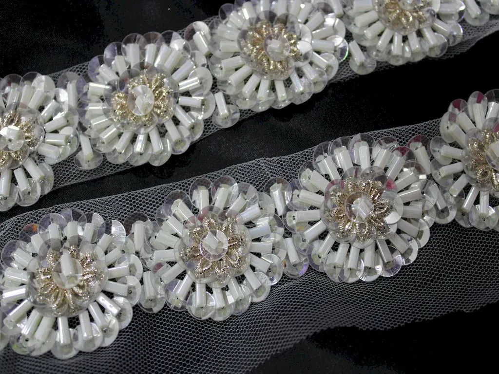 White Floral Cutdana Beads and Sequins Work Embroidered Border