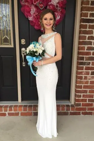 White Sequin Shiny Long Elegant Beaded Mermaid Party Prom Dresses PFP1145